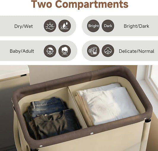 StorageWorks Laundry Hamper 2 Section, 100L Rolling Laundry Sorter Cart with Removable and Washable Liner Bag, Clothes Hamper with Wheels and Handle for Laundry Room and Bedroom, Light Khaki