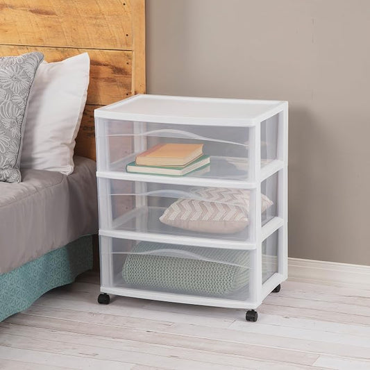 Sterilite 3 Pack Wide 3 Drawer Storage Cart, Plastic Organizer with Wheels, White - Multipurpose Bin for Clothes, Accessories, or Home Accessories