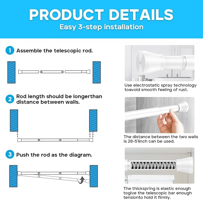 AIZESI 2pcs Spring Tension Curtain Rod 28 to 48 Inch,White Tension Rod Adjustable Curtain Rod Non Slip Curtain Tension Rod No Drill Spring Curtain Rod for Window?Bathroom?Doorway