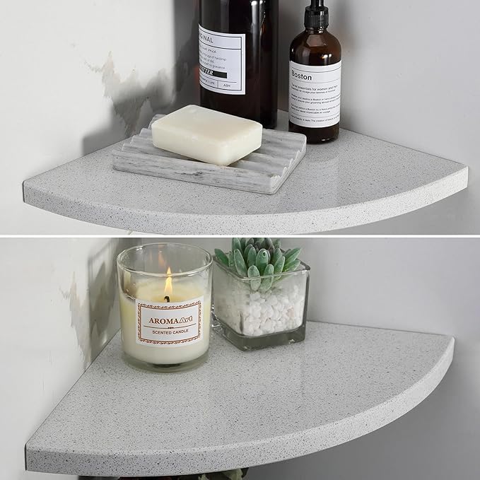 Koville Italian Marble Corner Shower Shelf for Bathroom, 10'' Marble Corner Shelves for Bath, Wall Mounted Stone Corner Shower Caddy, No Drilling Adhesive Shower Shelf - White Cliff (2-Layer)