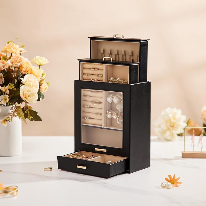 Homde Mothers Day Gifts Jewelry Organizer Box for Women Girls Necklaces Rings Earrings Bracelets Storage Case (Black + Gold)