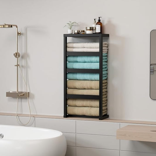 Bamboo Wall Blanket Ladder, 4-Tier Towel Racks, Bamboo Bath Towel Racks for Bathroom Wall Mounted, Decorative Blanket, Quilt, Towel, Scarf Ladder Shelves for Bathroom, Living Room, Bedroom, Black