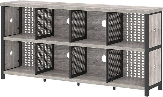 LVB Industrial 4 5 6 7 8 Cube Bookcase, Rustic Wood Metal Horizontal Bookshelf, Modern Wide Cube Organizer Storage Shelf, Large Long Low Book Shelf for Office Bedroom Living Room, Light Grey Oak 63 In