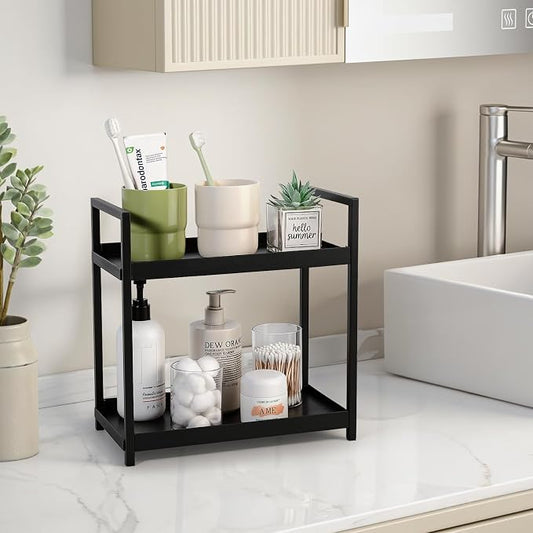 Anyoifax Bathroom Counter Organizer 2 Tier Vanity Storage Countertop Shelf Makeup Organizer Perfume Tray Skincare Holder for Sink, Dresser, Kitchen, Small Black