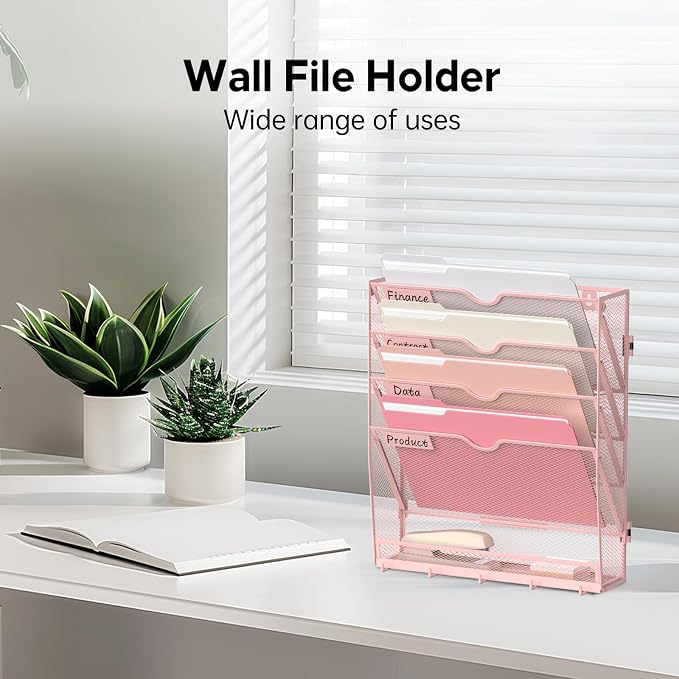 5 Tier Wall File Organizer - Hanging File Organizer with 5 Hooks, Mail Holder Wall Mounted for Papers, Folders, Magazines, Bills, Office&School Organization, Pink