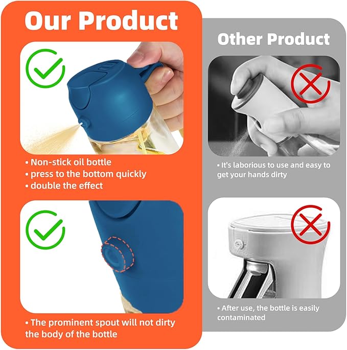 TrendPlain 16oz/470ml Glass Olive Oil Sprayer for Cooking - 2 in 1 Olive Oil Dispenser for Kitchen Gadgets, Air Fryer, Salad, and BBQ - Navy
