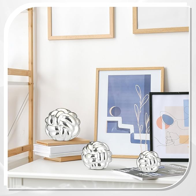 Wenqik 3 Pcs Knot Decor, Link Coffee Table Bookshelf Decor Accents, Ceramic Decorative Objects, Modern Home Minimalist Book Shelf Aesthetic Decoration, 3 Sizes(Silver)