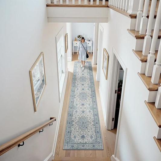RELEANY Area Rugs Runner 2'x10' Washable Non-Slip, Floral Vintage Distress Medallion Carpet for Kitchen Hallway Bedroom Beside Laundry Room Bathroom, Light Blue Navy Gray White
