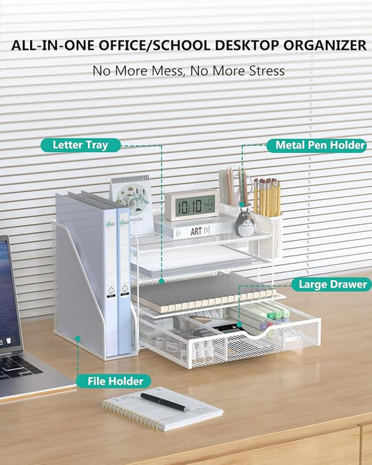 WALI Desk File Organizer, 4 Tier Desktop Paper Letter Tray Organizer with Drawer and 2 Pen Holders, Office Desk Accessories & Workspace Organizers for Office, Home Supplies(DO005DH-W), 1 Pack, White