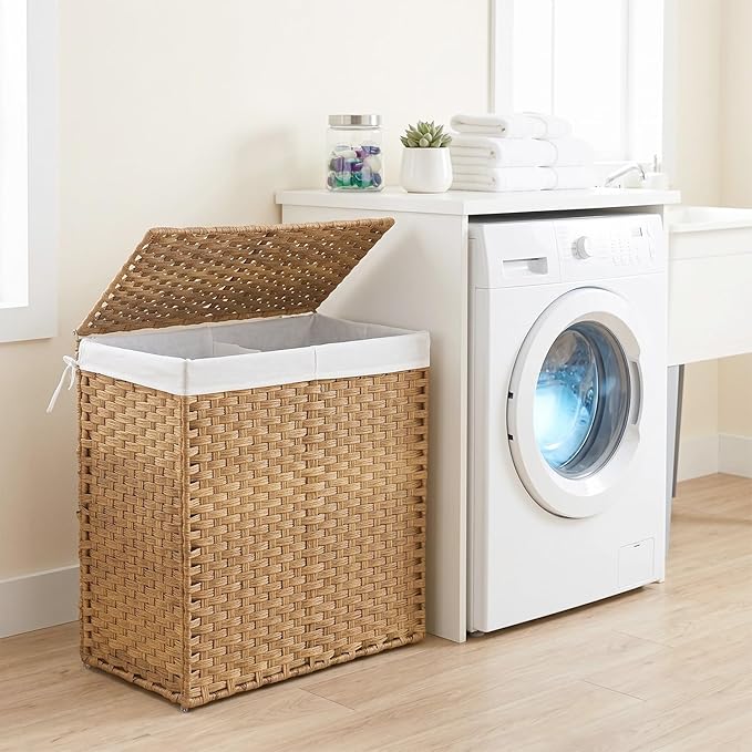FDW Handwoven Laundry Hamper with Lid, 110L Foldable Rattan Clothes Basket with 2 Removable Liners & 6 Mesh Laundry Bags for Bathroom Bedroom, Natural