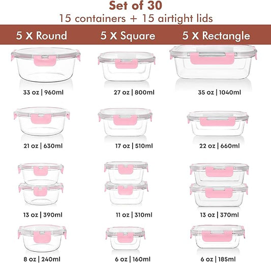 Razab 30 PC Glass Food Storage Containers with Lids - Reusable Glass Meal Prep Containers for Lunch and Leftovers - Airtight & Leakproof Snap Locking Lids - Oven, Freezer, Microwave, Dishwasher Safe