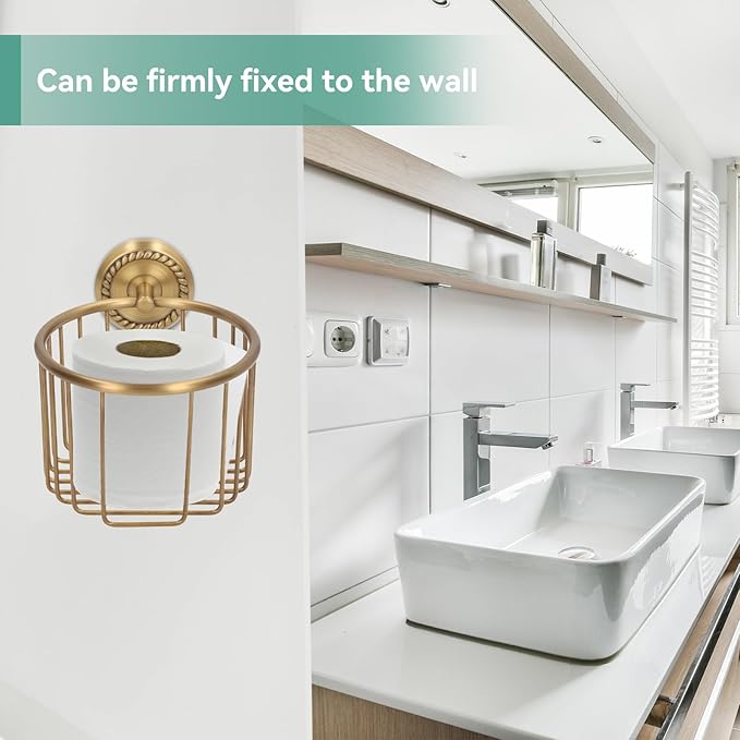 Brass Toilet Paper Holder, Wall Mounted Toilet Paper Holder Vintage Bathroom Roll Basket Antique Tissue Storage Basket for Bathroom