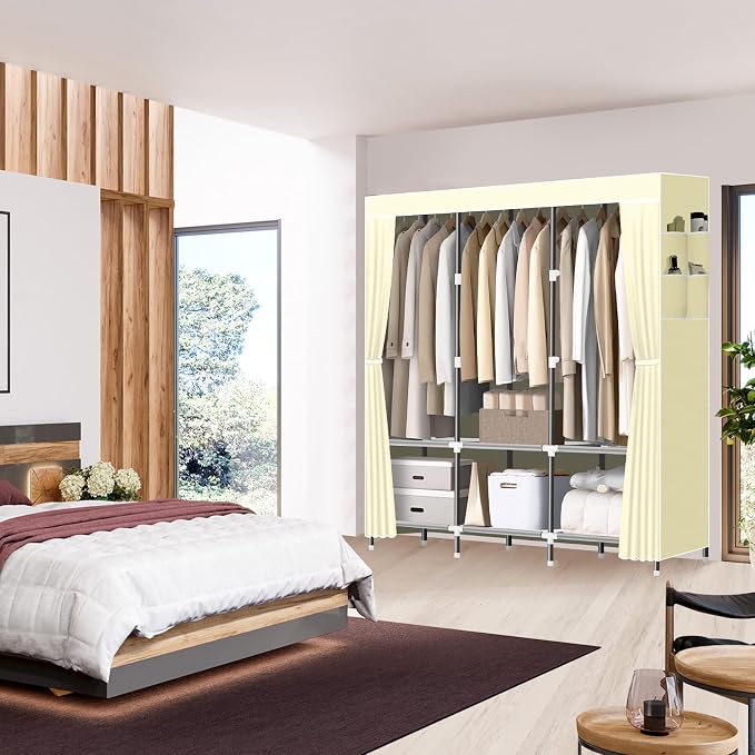 LOKEME Wardrobe Closet,Portable Closet for Bedroom Steel Pipe Diameter 19mm Strong and Sturdy Beige Portable Closets for Hanging Clothes with 3 Hanging rods, 6 Storage Shelves and Side Pocket