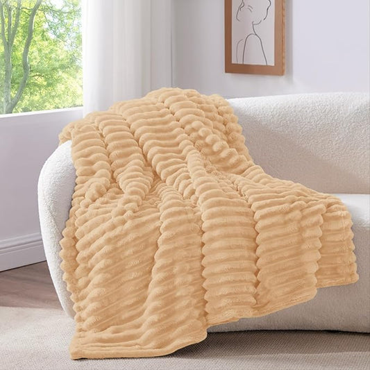 BEDELITE Fleece Throw Blanket for Couch - 300GSM Soft & Warm Fluffy Blush Sand Blanket, Decorative and Giftable Striped Blankets for Women, Men, 50"x60"