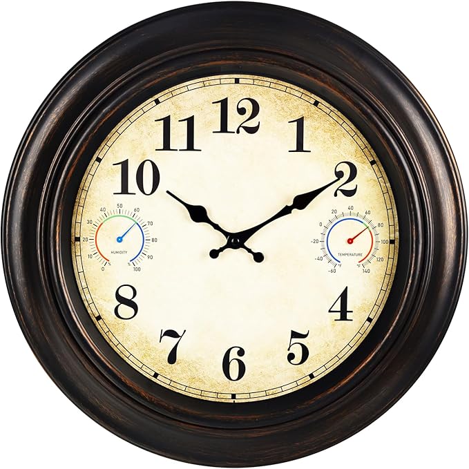 Large Outdoor Clock with Thermometer & Hygrometer – 18 Inch Bronze Vintage Farmhouse Decor Waterproof Wall Clock for Patio, Garden, Pool, Backyard