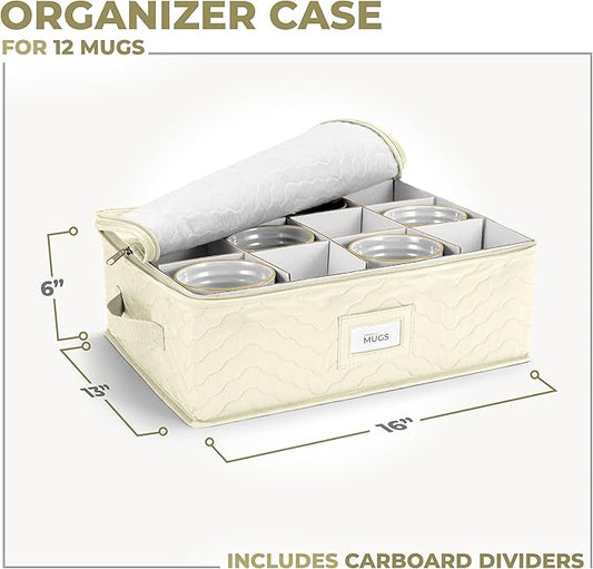 Sorbus Coffee Mug Organizer - Display Storage Case with Quilted Exterior, Label Windows, Handles & Dividers (Fits 12 Mugs)