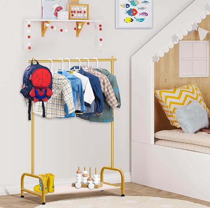 SLEEPING LAMB Baby Clothing Rack, Small Kids Clothes Rack with Bottom Storage Shelf, Child Clothes Hanger Rack for Coats, Metal Dance Costume Garment Rack for Hanging Clothes, Gold