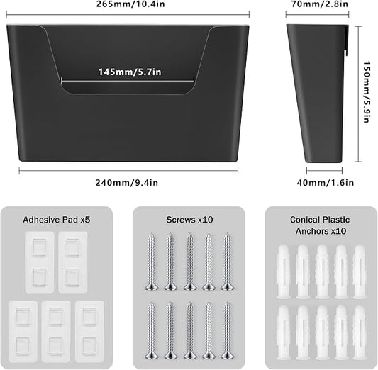 JOMOLA No Drilling File Holder 5 Pack Mail Organizer Wall Mount File Organizer Holder Office Wall Hanging Files Magazines Organizer Plastic Door Mount Wall Pocket with Adhesive Pad, Black Color