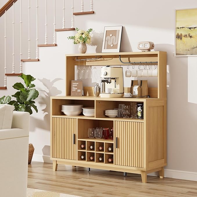 Fluted Buffet Cabinet with Storage, Modern Coffee Bar Cabinet with Outlet, Removable Wine Rack, Multi-Functional Accent Liquor Cabinet for Living Room, Entryway, Kitchen, Natural