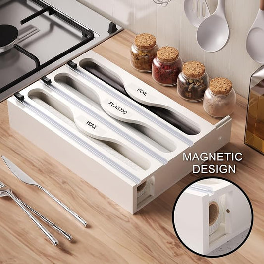 Wrap Dispenser with Cutter and Labels, Plastic Wrap Organizer For Kitchen,Bamboo 3-in-1 Wrap Dispensers for Cling Wrap Aluminum Foil and Wax,Storage Organization Holder(White)
