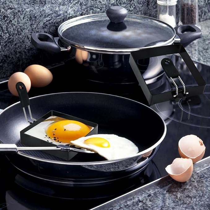 2-Pack 4'' Square Egg Rings Set with Silicone Handle, Stainless Steel Egg Cooking Rings,Nonstick,For Frying Eggs and English Muffins Pancake, Egg Mold Shaper For Breakfast