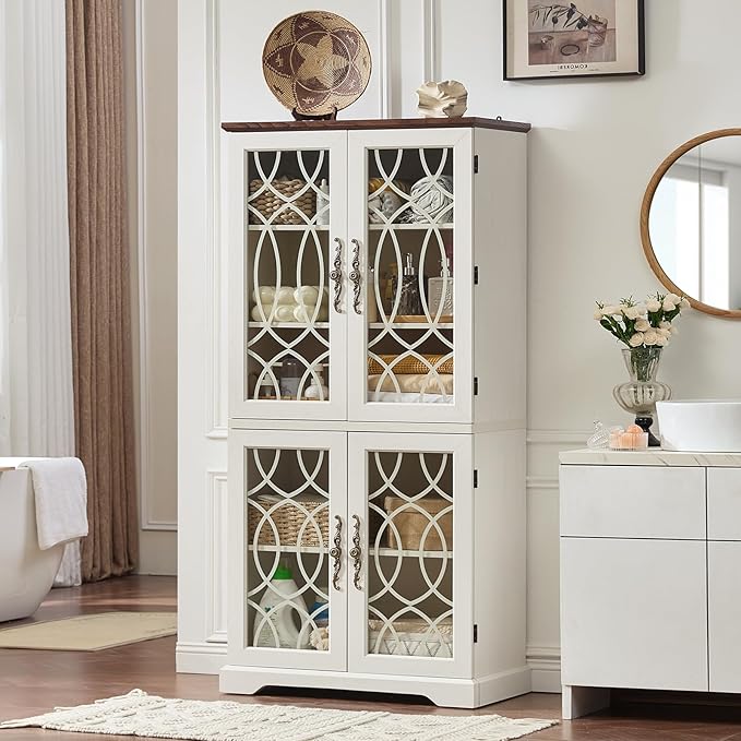 67" Tall Pantry Cabinet Set of 2, Vintage Kitchen Pantries Cabinets with Glass Doors & Adjustable Shelves, Wood Cupboard with Large Storage for Dingning Room, Bathroom, Antique White