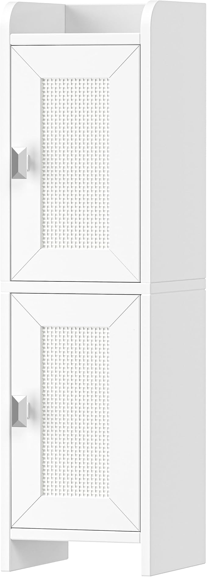 Akxomel Rattan Small Bathroom Cabinet with 2 Doors, 7.9''D x 7.9''W Narrow Toilet Paper Storage Cabinet, Bathroom Organizer for Small Spaces, Slim Corner Unit with Adjustable Shelf, White Rattan