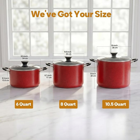Cook N Home Professional 10.5 Quart Nonstick Stock Pot with Lid, Riveted Handles, Big Soup Pot for Holiday Feasts, Stockpot with Even Heating, Induction Cookware, Oven & Dishwasher Safe, Marble Red