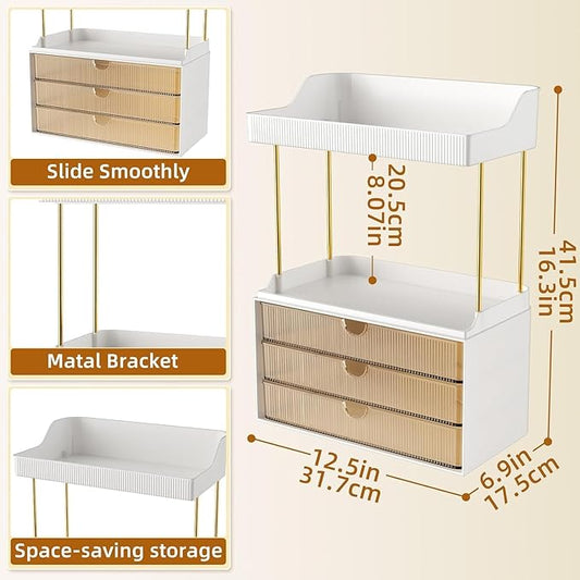 StorBin 3 Large Drawers Makeup Organizer - 5 Tier Bathroom Counter Organizers and Storage, Versatile Perfume Vanity Organizer, Ideal for Cosmetic, Large Skincare, Face Mask, Office Supplies, Amber