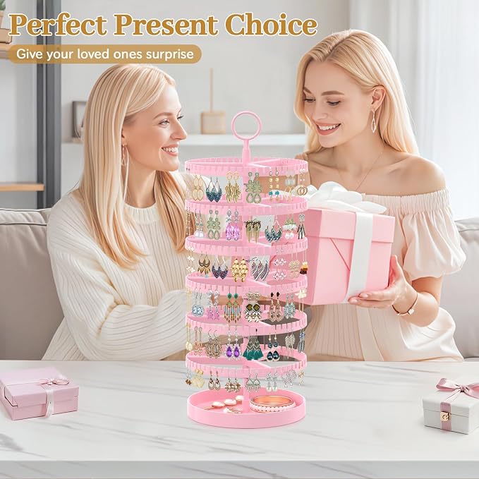 MODOWEY 6 Tier Rotating Earring Holder Organizer Display Tree with Metal Tray, Adjustable Plastic Stand with 342 Slots for Stud Hoop Hanger, Large Capacity Storage Rack for Women, Pink