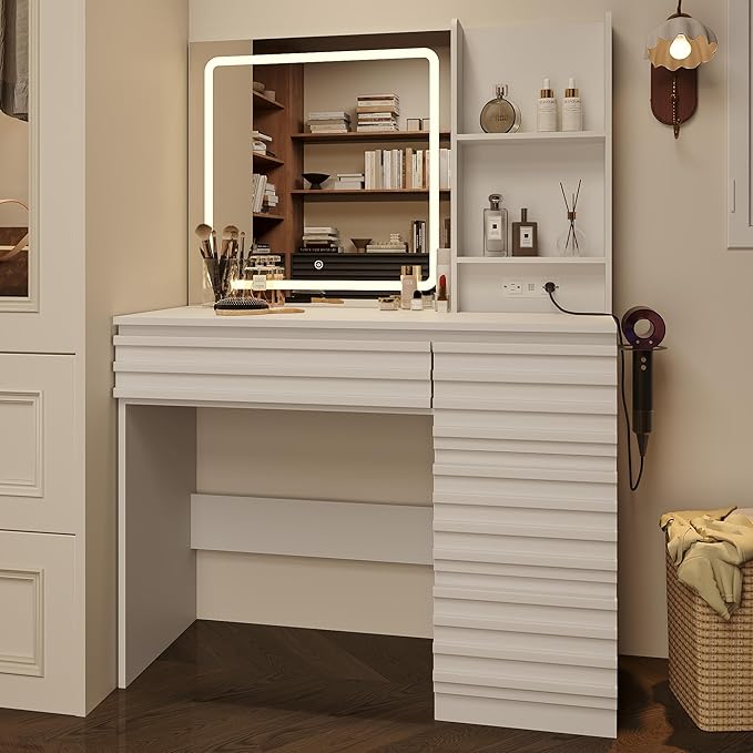 Fluted Vanity Desk with HD Mirror and Lights, Wood Makeup Vanity Table with 4 Drawers & Open Shelves, Mid Century Dressing Table Set with Charging Station, 3 Color Lighting Modes for Bedroom, White