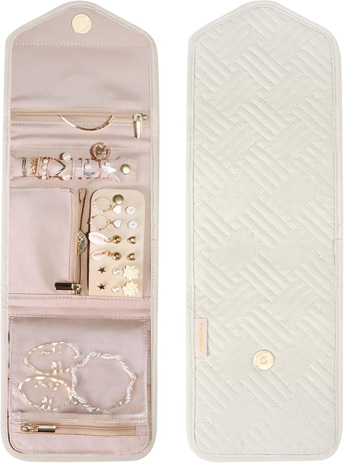 BAGSMART Travel Jewelry Organizer Case Foldable Jewelry Roll for Journey Rings, Necklaces, Earrings, Bracelets,Mini,Beige