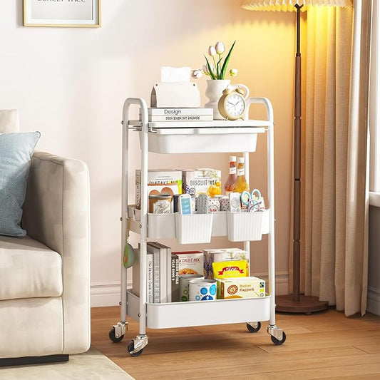 3 Tier Metal Rolling Utility Cart with Drawer & Lockable Wheels - Heavy Duty Multifunctional Storage Organizer with 2 Cups and 4 Hooks for Bathroom, Kitchen, Snack, Craft, Makeup, Baby Essentials