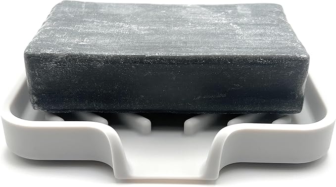 Happitasa Silicone Soap Dish Tray and Sponge Holder with Drain Chute and Feet | 3-Way Sloped Design | Bathroom and Kitchen Sink Organizer Caddy (White, 5"x4")