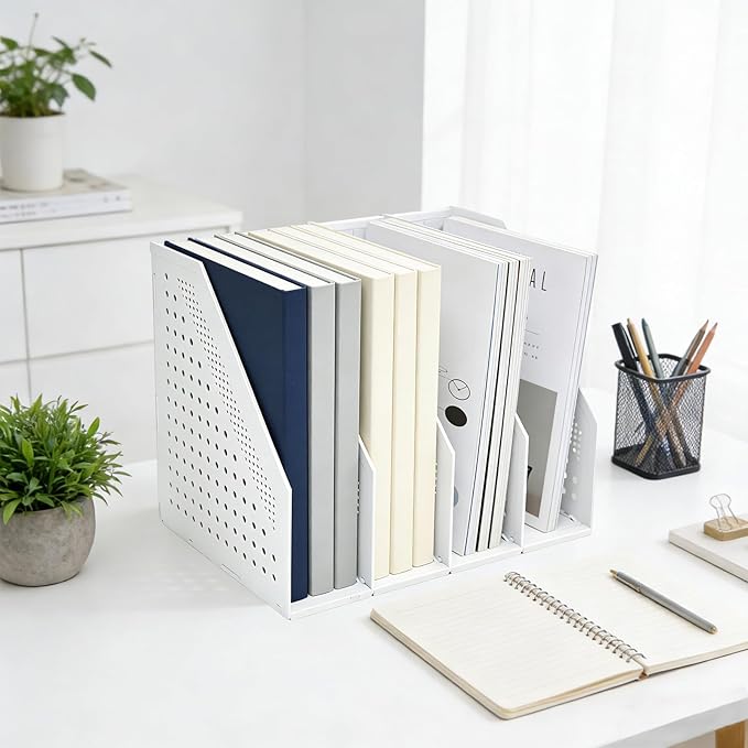 SAYEEC Collapsible Magazine Holder Plastic Desktop 4 Compartment File Desk Magazine Organizer Vertical File Divider Sorter Storage Document Organizer for Office Home School Gray