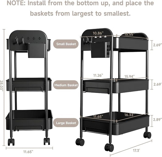 Heavy-Duty Rolling Cart 3 Tier Metal Utility Storage Cart with Casters, Hanging Cups, Hooks, Book Snack Craft Mesh Rolling Storage Organizer for Kitchen Office