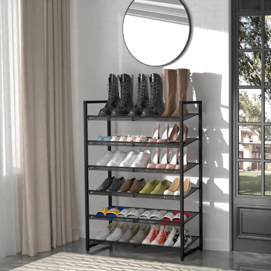 Shoe Rack, 6-Tier Metal Shoe Organizer, Tall Shoe Rack for Closet,entryway,Garage, with Adjustable Flat or Angled Shelves, Holds 18-24 Pairs,Shoes that can accommodate The Whole Family.