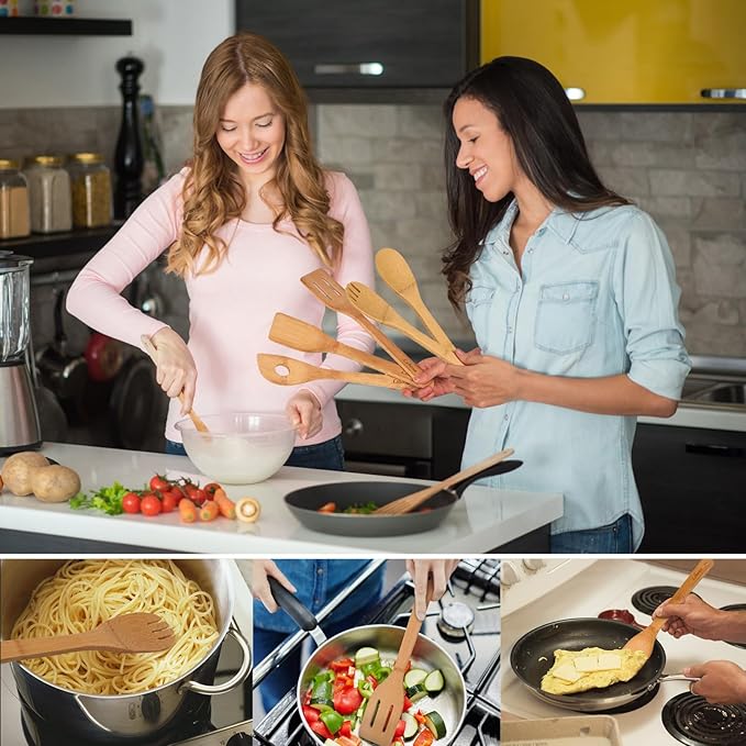 Wooden Spoons for Cooking,Heat-resistant Wood Serving Utensil Set Ideal for Kitchen Nonstick Cookware Everyday Use,Bamboo Cooking Spoon Spatula