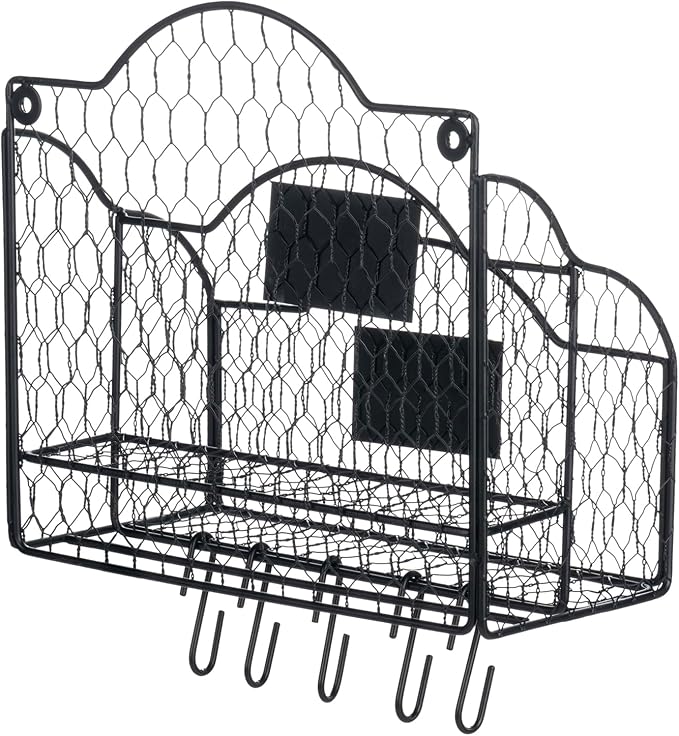 MyGift 2 Compartment Mail Inbox/Outbox Sorter, Wall Mounted Modern Black Metal Wire Entryway Organizer Basket for Mails, Bills and Office Supplies with Chalkboard Labels and 5 Hanging Key Hooks