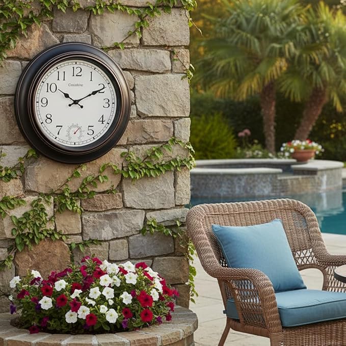 Large Outdoor Clock Waterproof 18" - Retro Indoor Outdoor Wall Clocks with Thermometer for Patio Pool Garden Living Room Decor,Bronze
