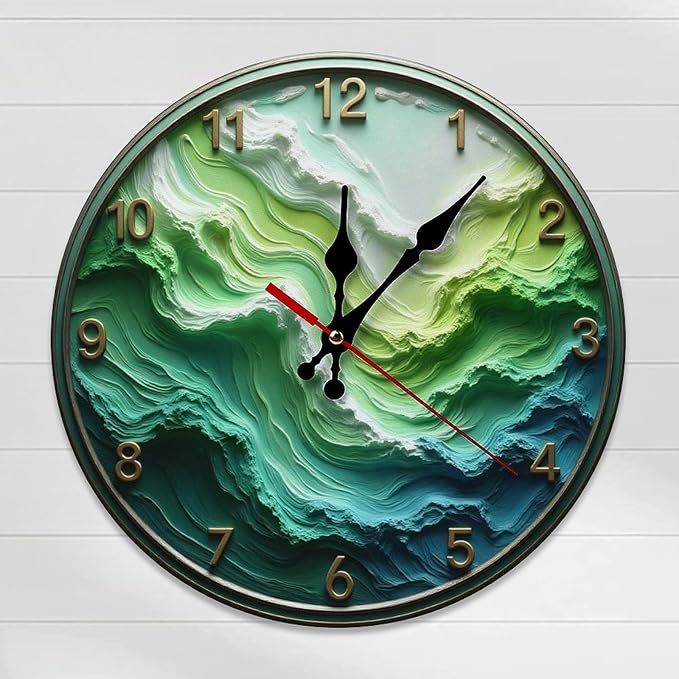 Wall Clock, Abstract Ocean Wave Non Ticking Wall Clocks Battery Operated, Teal Wooden Wall Clocks for Kitchen, Living Room, Bedroom, Office, Bathroom Decorative. 10 Inch