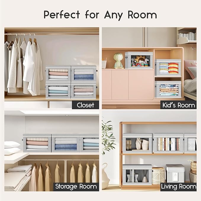 Collapsible Storage Bins with Lids - Stackable Storage Containers with Window, 6 Pack Fabric Cube Bins for Closet, Home & Office Organization Baskets, Light Gray, 14.9" x 9.8" x 9.8"