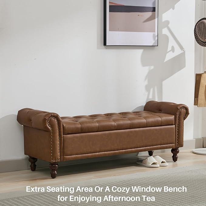 58.1" Storage Bench Upholstered PU Leather End of Bedroom Bed Bench Ottoman with Tufted Cushioned Rolled Arm Large Storage Space for Reading Living Room Entryway, Brown