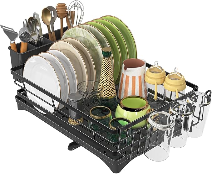 Ekisemio Dish Drying Rack with Cutlery Holder & Drip Tray, Black 12"x15.7" | Ekisemio Dish Drying Rack | Cutlery Holder & Drip Tray | Space Saving | Fast Drainage | Tool-Free | Anti-Slip Feet