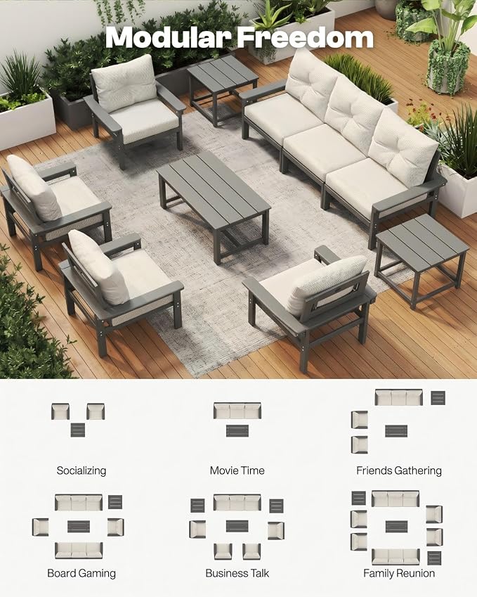 HDPE Outdoor Patio Furniture Set, 7-Piece Patio Conversation Sets with Coffee Table & Side Table & Beige Washable Thick Cushions, Outdoor Sofa for Balcony, Porch (Grey Frame)