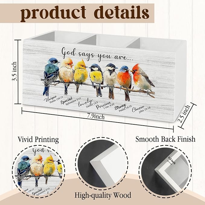 Christian Bird Pen Pencil Holder Organizer for Desk Accessories, God Says You Are Bible Verse Inspirational Wooden Box Sign Desk Decor for Home Office Decoration, Bird Lovers Gifts