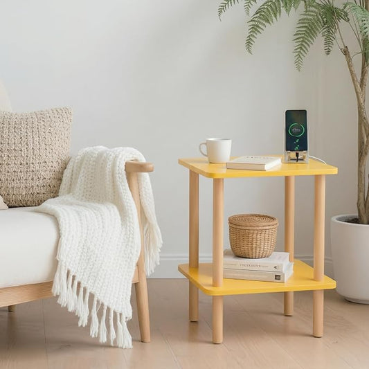 FORAOFUR Side Table, End Table with Charging Station, Small Bedside Table Side Table for Any Spaces, Minimalist Small End Table Living Room, Bedroom & Office with Two-Tier Open Storage