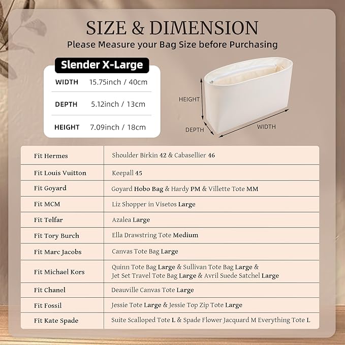 Purse Organizer Insert, Satin Tote Bag Organizer with 8 Sizes, Handbag Dividers for Inside Purse, Compatible with Longchamp, Neverful, 25C Hobo and More Bags(Slender X-Large,Craie)