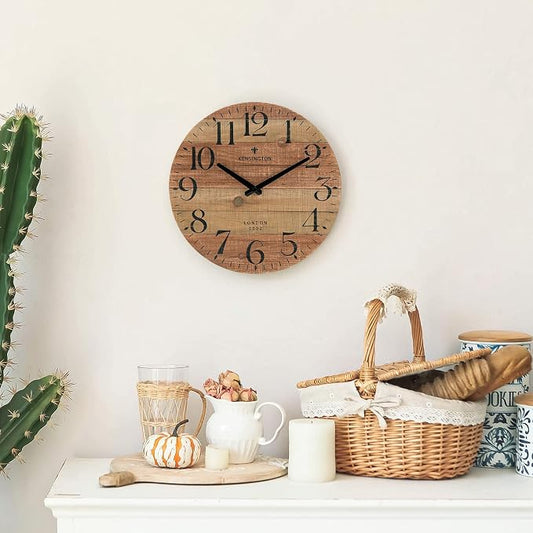 NIKKY HOME Rustic Farmhouse Wood Wall Clock - 12 Inch Battery Operated Silent Non Ticking Distressed Wooden Shiplap Clock for Kitchen, Living Room, Bedroom, Bathroom
