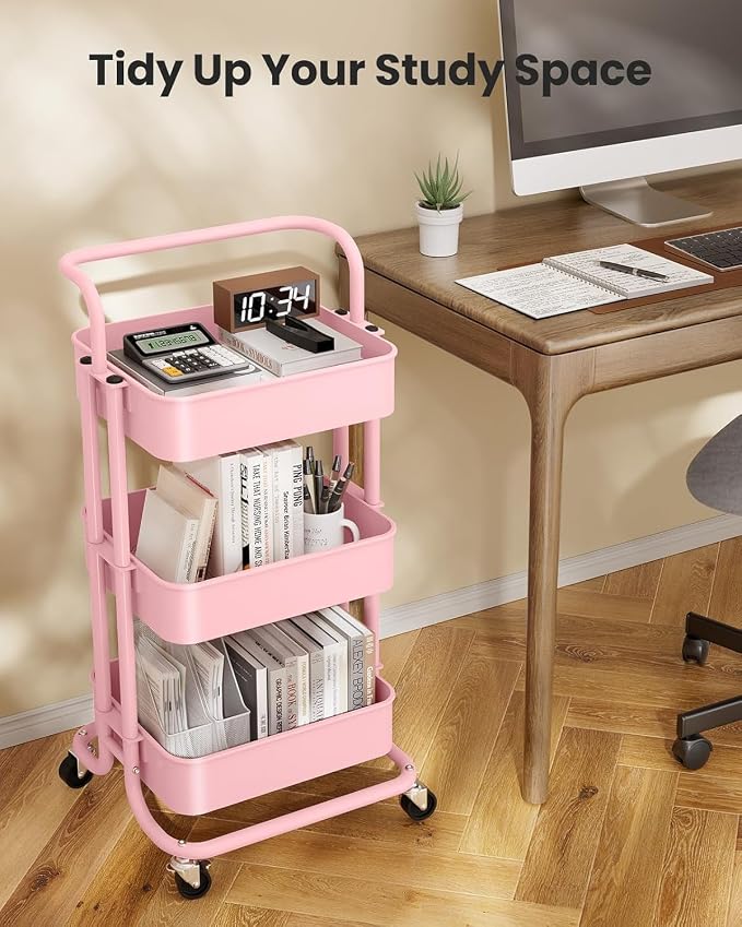 Pipishell 3 Tier Rolling Cart, Metal Utility Cart with Lockable Wheels and Handle, Rolling Storage Cart for Nursery Room, Living Room, Painting Room, Office and Kitchen, Pink